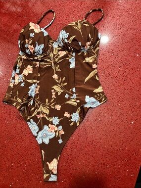 Floral Brown One-Piece Bodysuit with Light Blue & Peach Flowers